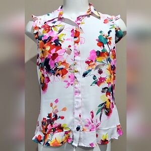 NWT NY&Company Floral Flounced-Hem Blouse Size Large